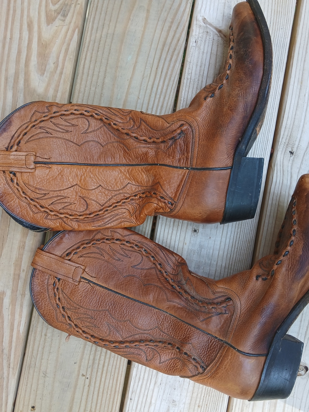 Dan Post Tan Leather Western Cowboy Boots with Embroidered Stitching